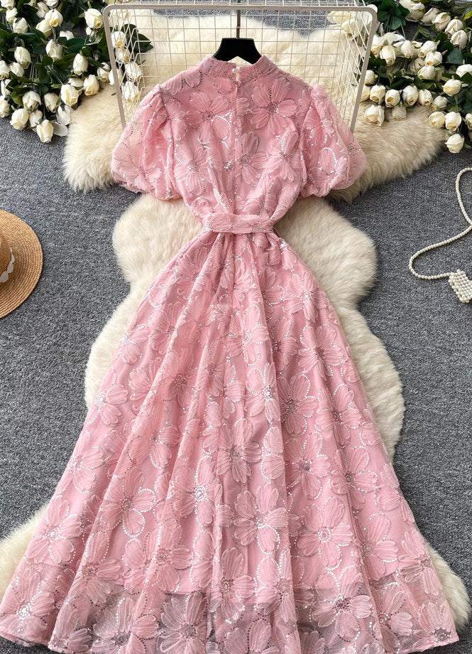 Light Pink Sheer Organza A-Line Midi Dress with Floral Applique