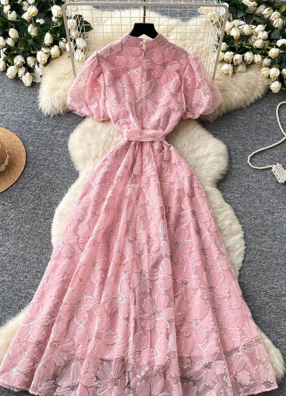 Light Pink Sheer Organza A-Line Midi Dress with Floral Applique