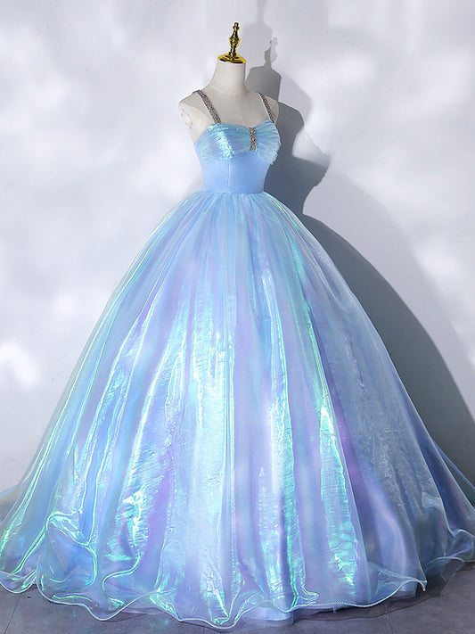 Ball Gown Neck Blue Tulle Long Prom Dress