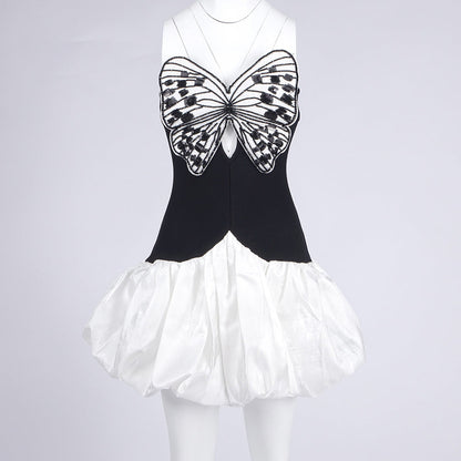 Butterfly Embroidered Bodice Puffball mini Dress in black