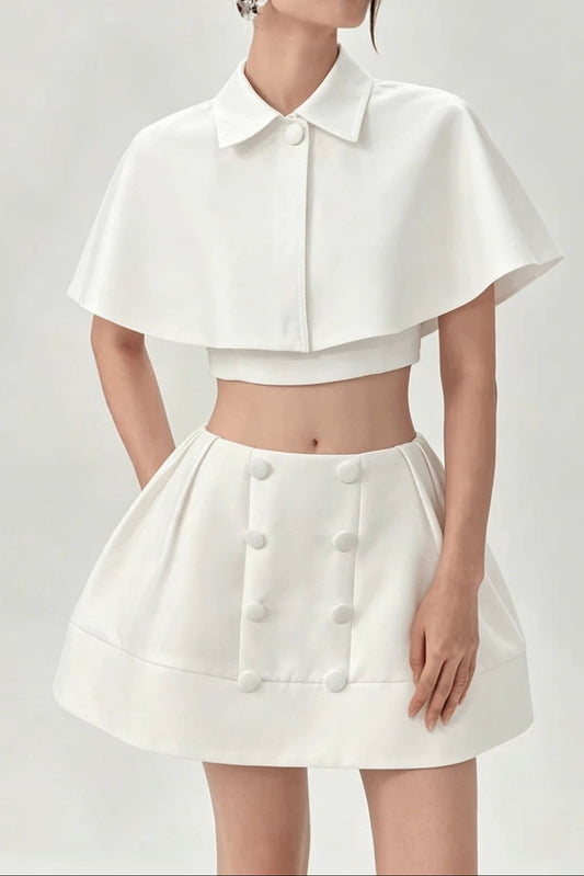 White Cape Collar Crop Top & Double Button Pleated Mini Skirt Two Piece Set