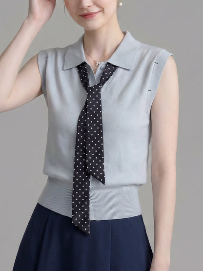 Polo Collar Sleeveless Knit Top With Polka Dot Tie