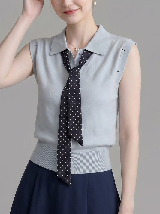 Polo Collar Sleeveless Knit Top With Polka Dot Tie