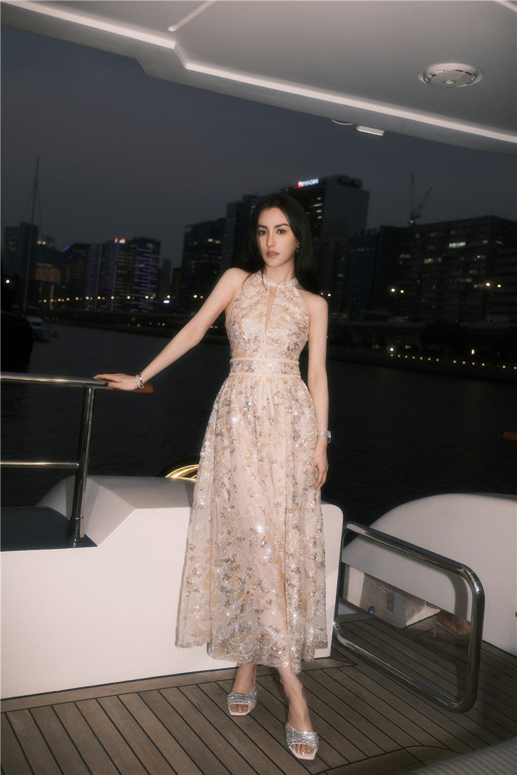 Gold Couture with Floral Embroidery Sequin Banquet Dress