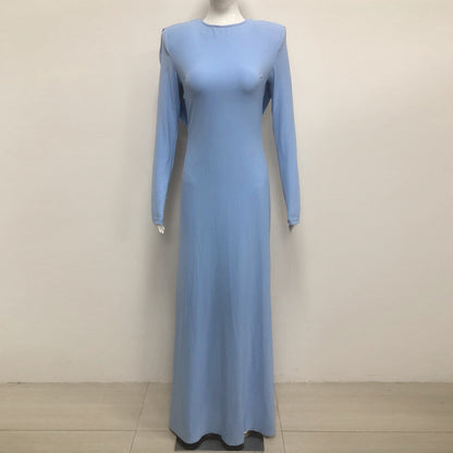vicky Knitted long sleeves backless bodycon maxi dress in blue