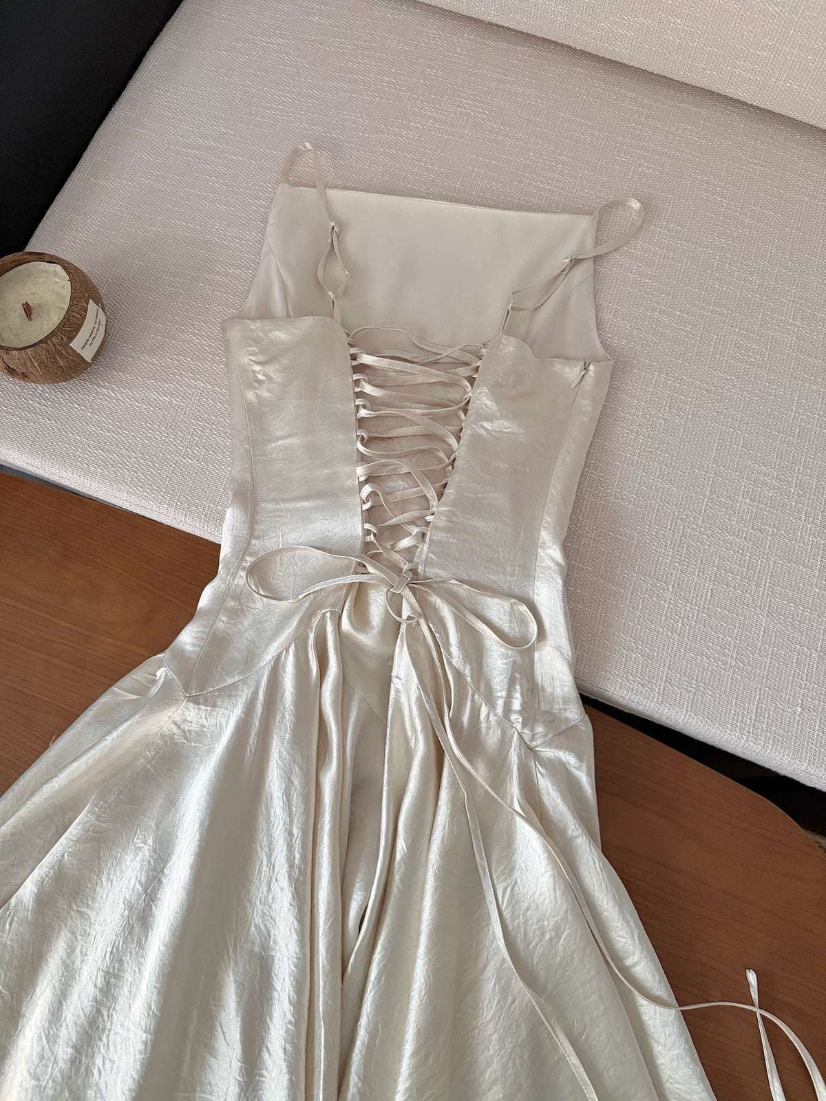 Ivory Spaghetti Strap Satin Lace Underlayer Hem Midi Slip Dress