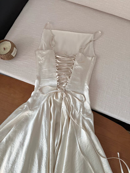 Ivory Spaghetti Strap Satin Lace Underlayer Hem Midi Slip Dress