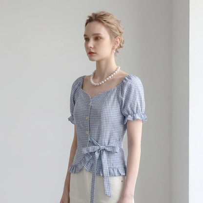 Sweetheart Neck Gingham Puff Short Sleeve Tie Waist Blouse