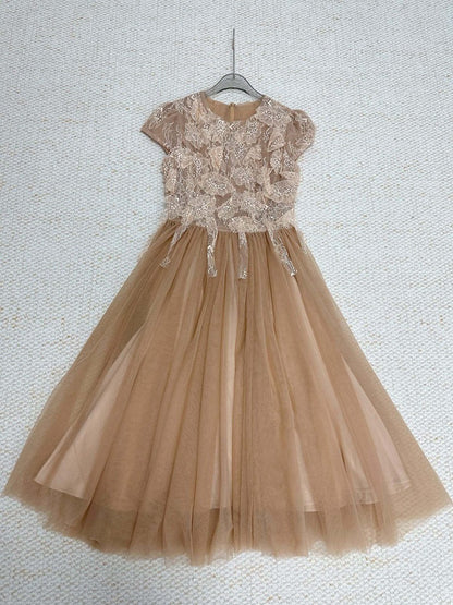 elvira Sequin lace crochet patchwork mesh maxi dress in brown