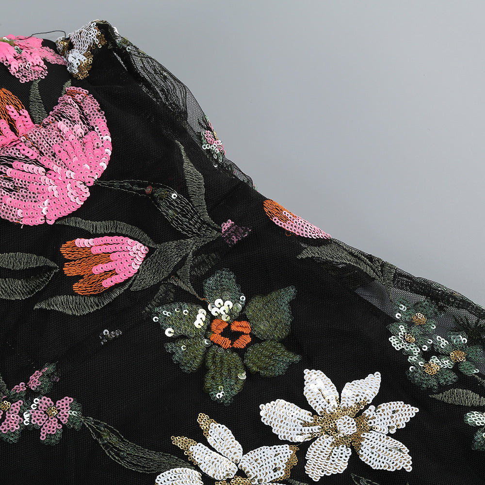 Black Floral Embroidered Mesh Column Dress