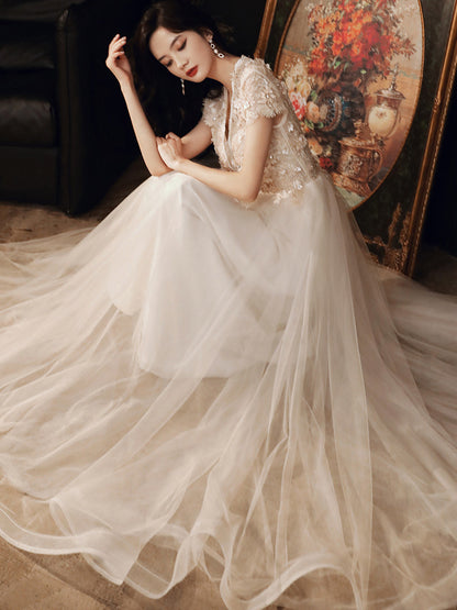 3D Floral Lace Short Sleeve Tulle Floor-Length Evening Gown