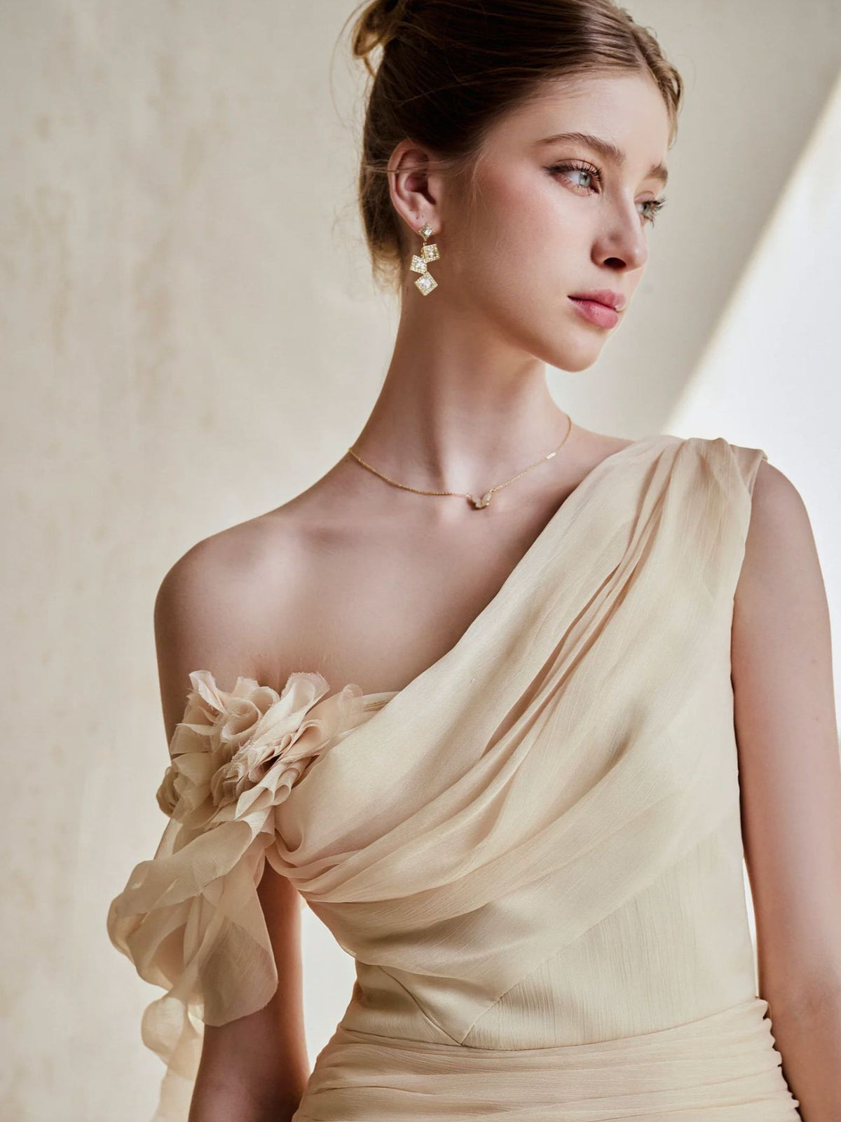 One-Shoulder 3D Flower Ruched Maxi Dress