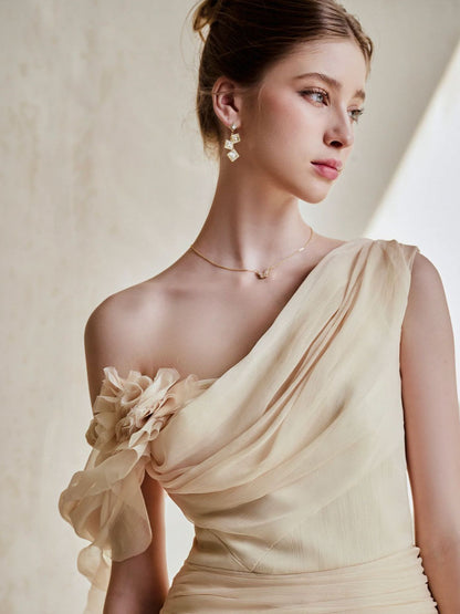 One-Shoulder 3D Flower Ruched Maxi Dress