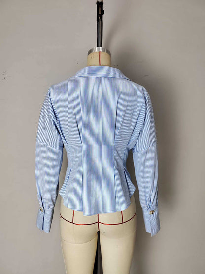 Blue White Stripe Off Shoulder Collared Cinched Waist Peplum Shirt