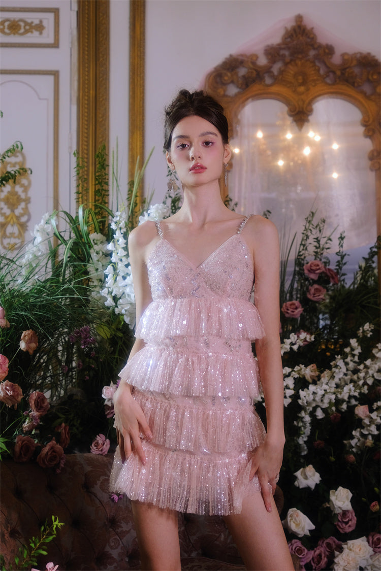 Pink Sleeveless Sequin layer ruffle short Dinner Dress