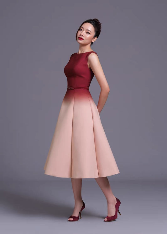 Red pink gradient Sleeveless A-line midi dress