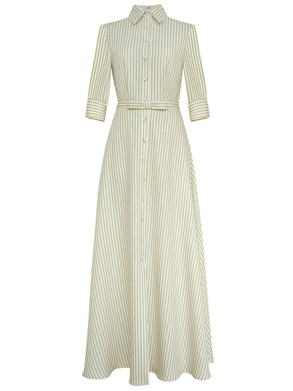 Green Striped Belted Shirt Maxi Dress
