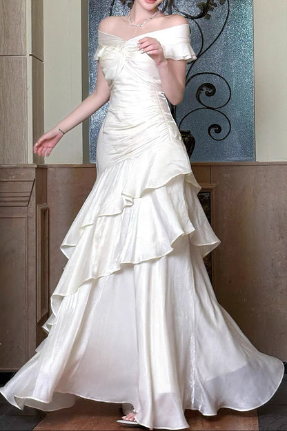 Off Shoulder Twist Ruched Tiered Ruffle Satin Maxi Dress