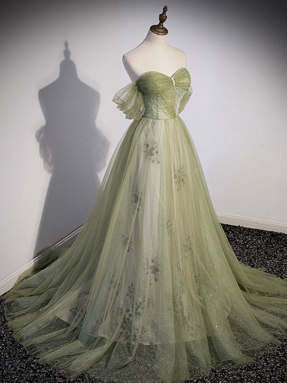 A line Green Tulle Long Prom Dress