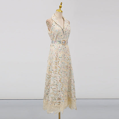 chloe sleeveless hollow lace maxi dress in beige