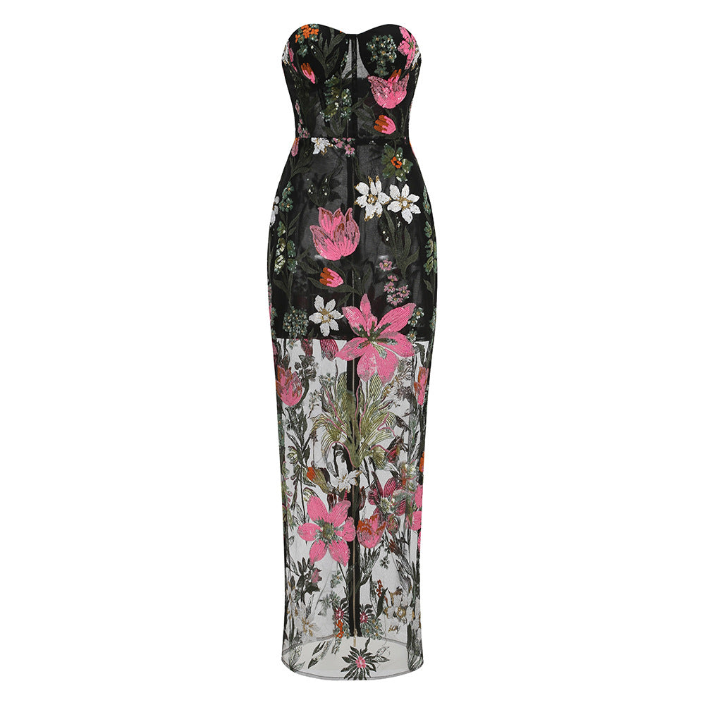 Black Floral Embroidered Mesh Column Dress