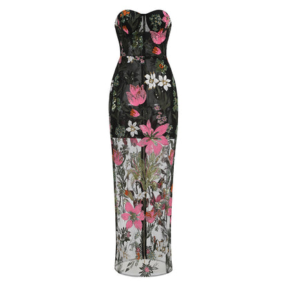 Black Floral Embroidered Mesh Column Dress