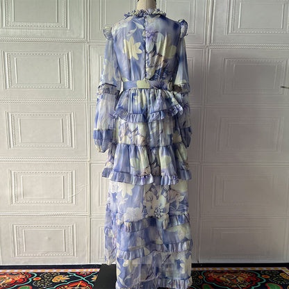 alyssa purple Floral print Ruffle Maxi Dress With Belt