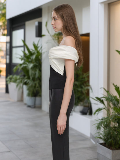 Black White Color Block Off Shoulder Twist Knot Fitted Tank Top