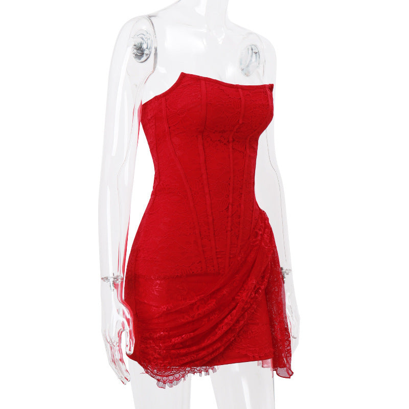red Strapless Bandage Backless Floral Lace Corset Tube mini Dress
