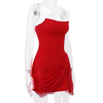 red Strapless Bandage Backless Floral Lace Corset Tube mini Dress