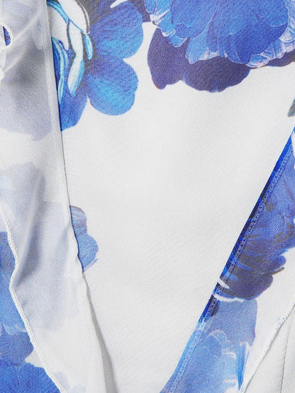 blue printed crew neck lantern sleeves flowing ruffles dress