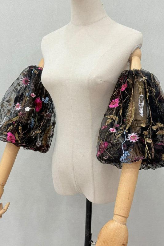 Black Sheer Tulle Multicolor Floral Embroidery Detachable Puff Arm Cuffs