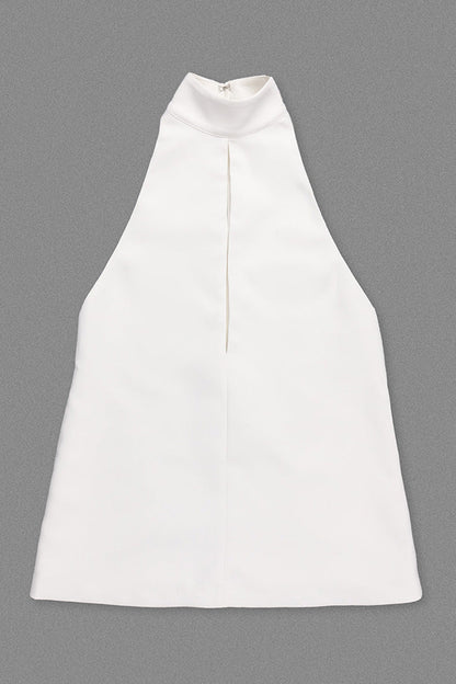 v-neck cutout backless crepe halter dress - white
