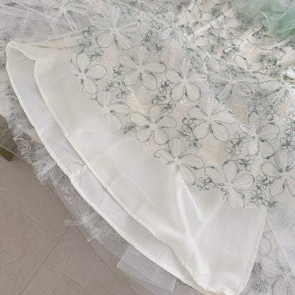 Pale Sage Green Organza Fit-and-Flare Mini Dress with Floral Embroidery