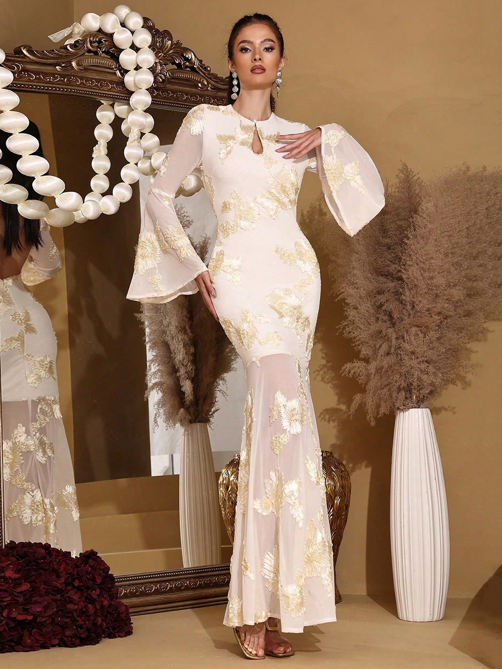 Trumpet sleeve hip-hugging mesh embroidery maxi dress in pale yellow