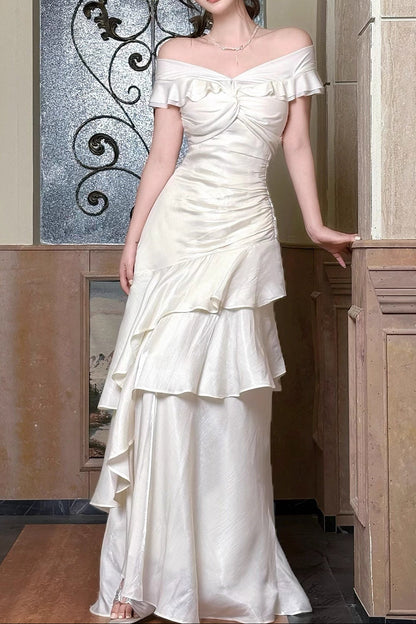Off Shoulder Twist Ruched Tiered Ruffle Satin Maxi Dress