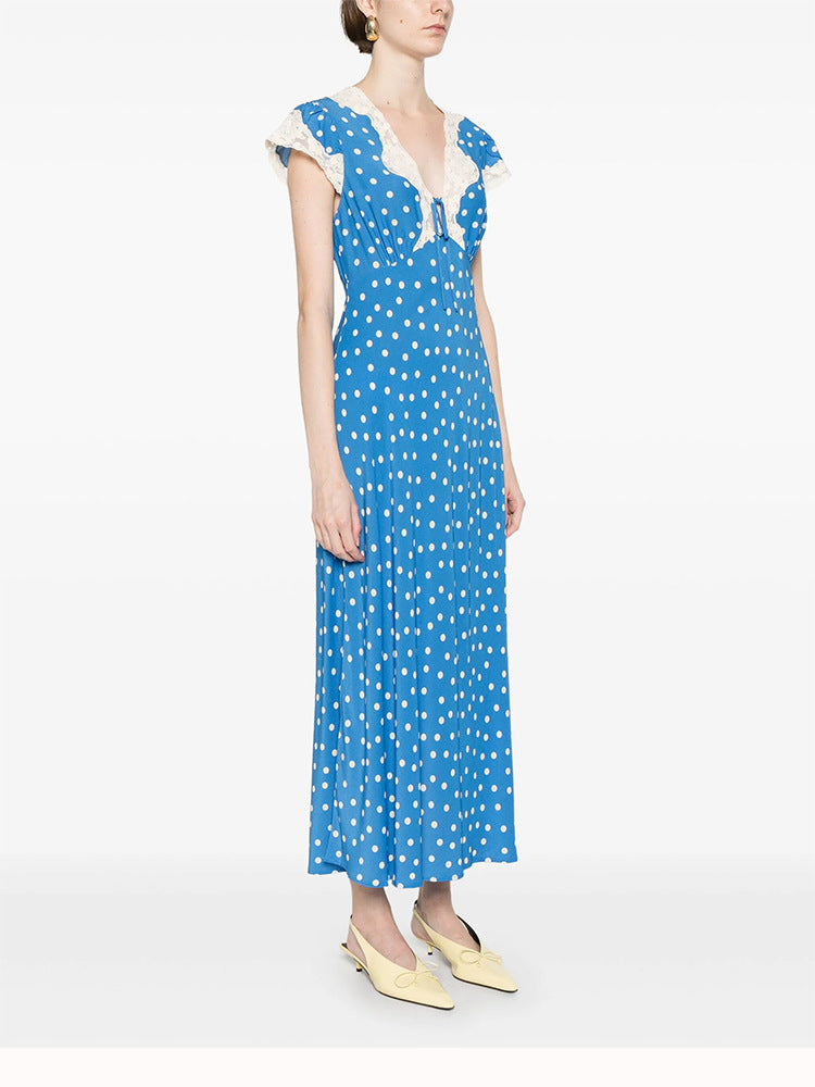 lyuba polka dot Lace-trimmed V-neck maxi dress in blue