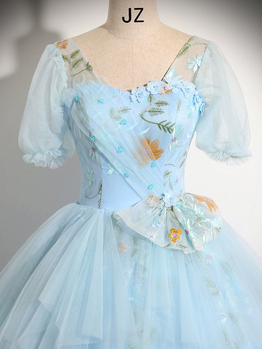 V Neck Tulle Lace Blue Prom Dress