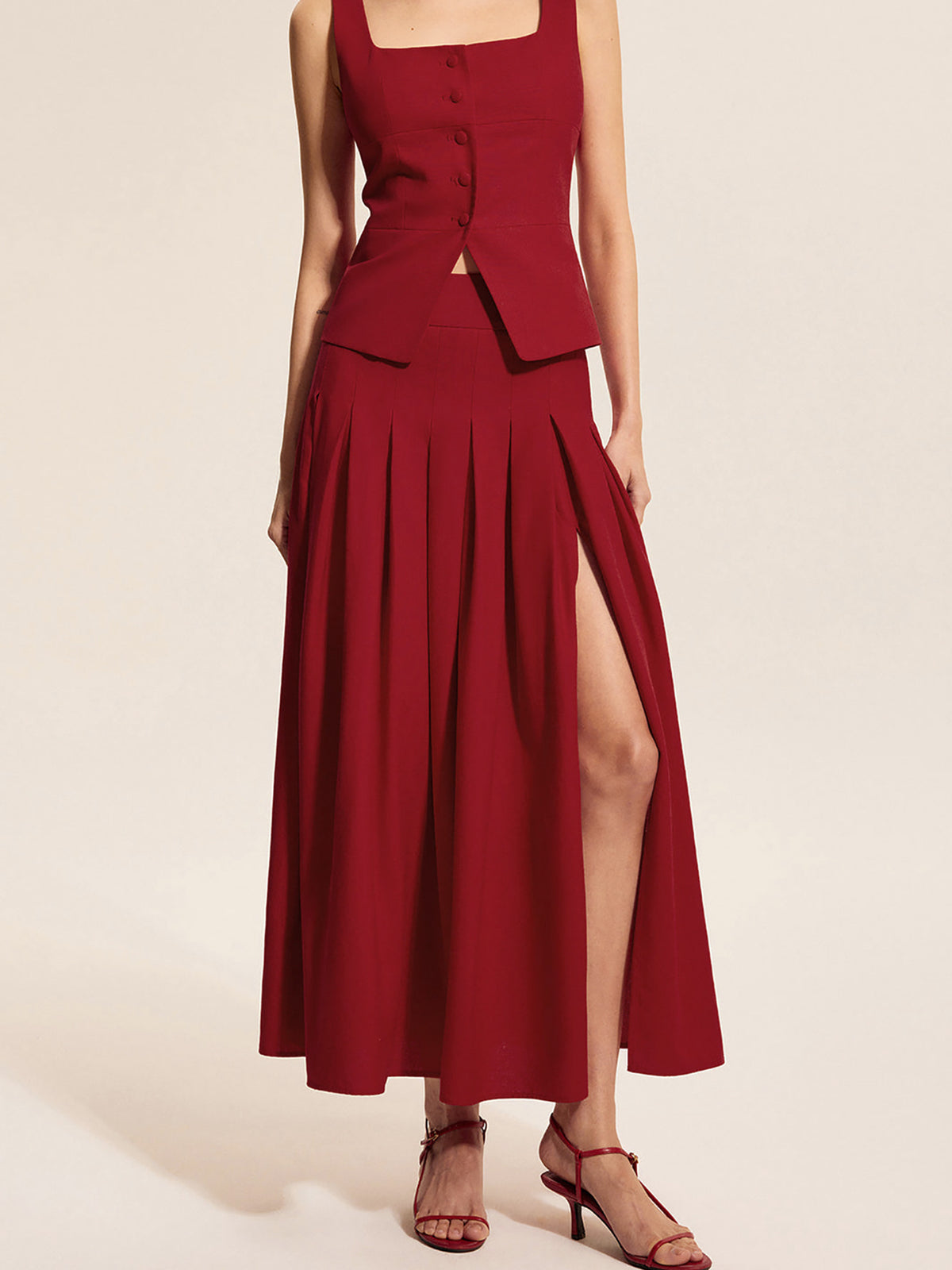 Burgundy Square Neck Sleeveless Button Vest &amp; Slit Pleated Midi Skirt Two-Piece Set