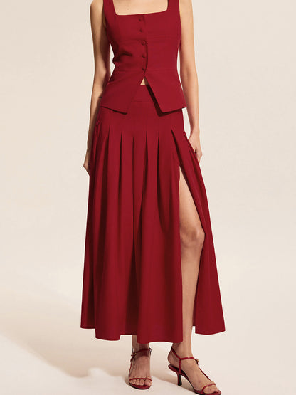 Burgundy Square Neck Sleeveless Button Vest &amp; Slit Pleated Midi Skirt Two-Piece Set