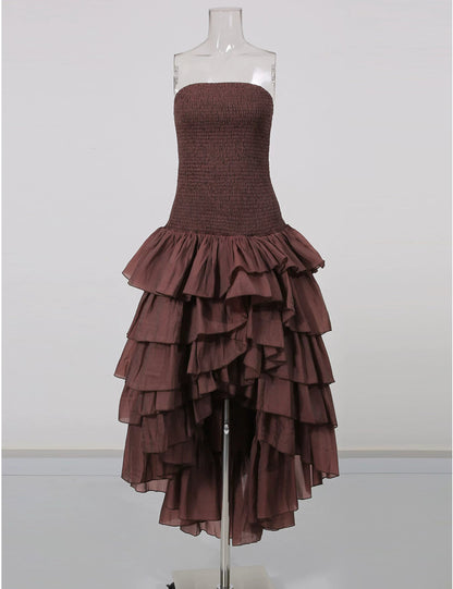 Strapless Smocked Tiered High Low Midi Dress