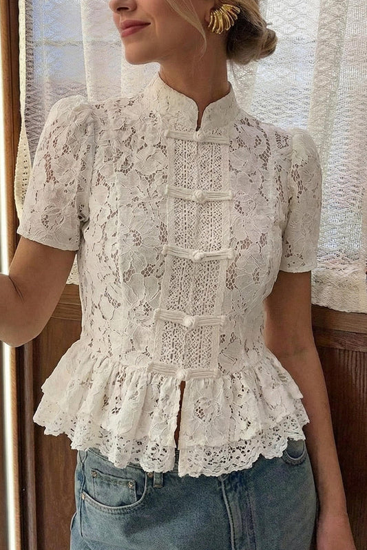 white lace stand-up collar tops