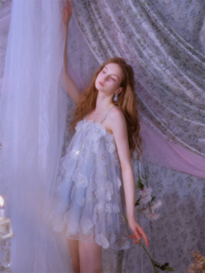 Tutu Light Blue Sleeveless Flower Diamond Short Doll Dress