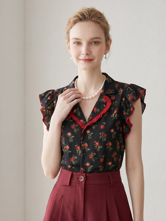 Red Rose Floral Ruffle Trim Sleeveless Shirt