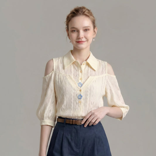 Cold Shoulder Point Collar Hollow Eyelet Puff Three-Quarter Sleeve Blouse