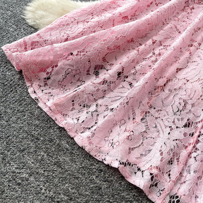 Pink Floral Lace A-Line Midi Dress