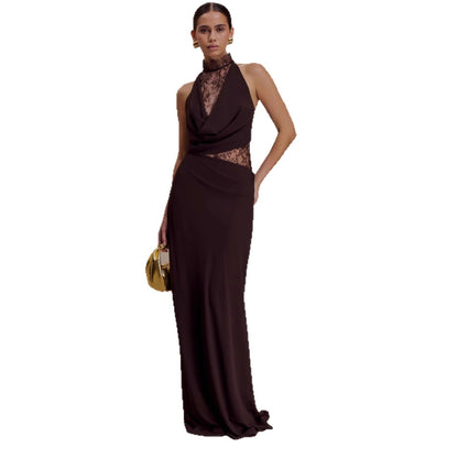 Halter Lace Cutout Draped Maxi Gown