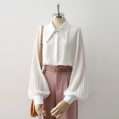 Oversized Point Collar Mixed Fabric Pleated Lantern Sleeve Satin Blouse