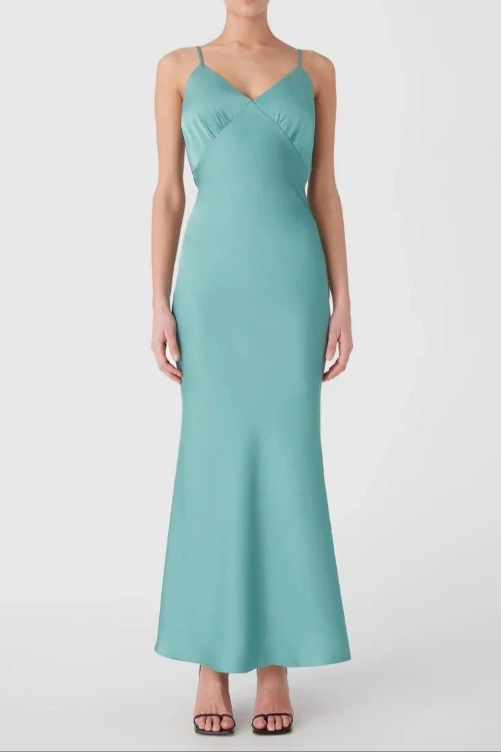 Vida Satin Midi Dress in Juniper Green