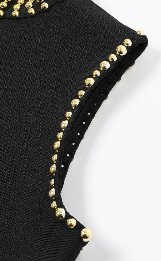 Black Heavyweight Stretch Knit Bodycon Dress with Gold Beaded Details